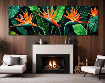 Impressão em tela de Aves do Paraíso, Pintura de Estrelícia, Arte de Parede com Plantas, Pôster de Aves do Paraíso, Emoldurado e Pronto para Pendurar