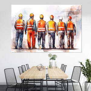 Puede incluir: Pintura a la acuarela de seis trabajadores de la construcción con chalecos de seguridad y cascos naranjas, vistos desde atrás. Caminan hacia un edificio en construcción. La obra de arte tiene un estilo suave y artístico, centrado en las figuras y su vestimenta.