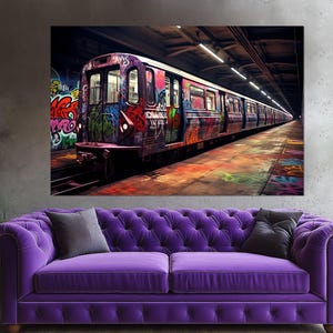 Abstract Subway Car with Graffiti Canvas Print, Urban Wall Art, Subway Street Art, Metro Graffiti Print, Framed and Ready to Hang
