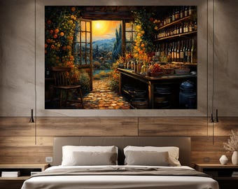 Vintage Wine Shop Painting in Vincent Van Gogh Style Canvas Print, Wine Wall Art, Winery Wall Art, Framed and Ready to Hang