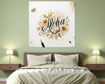 Arte mural hawaiano, impresión en lienzo con el cartel de Aloha, arte mural costero, arte mural hawaiano, póster de Aloha de Hawái, impresión de Hawái, enmarcada y lista para colgar.