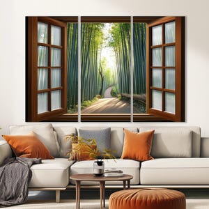 Open Window with Kyoto Bamboo Forest in Japan View Canvas Print, Bamboo Groove Window Painting, Framed and Ready to Hang image 3