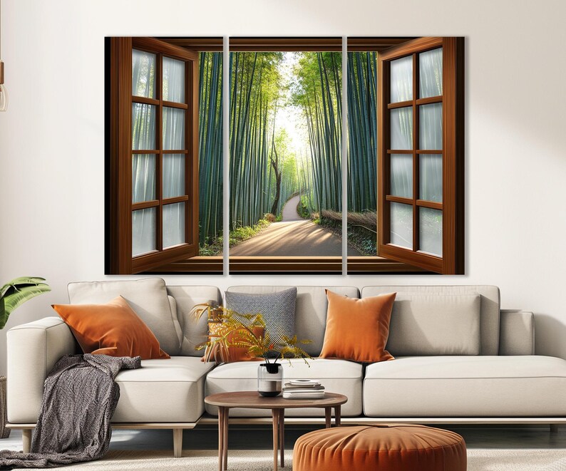 Open Window with Kyoto Bamboo Forest in Japan View Canvas Print, Bamboo Groove Window Painting, Framed and Ready to Hang image 3
