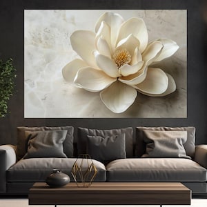 White Magnolia Flower on Neutral Background Canvas Print, Floral Wall Art, Gentle Colors Wall Art, Magnolia Painting, Framed & Ready to Hang