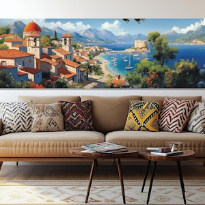 Abstract Mediterranean Landscape Painting Canvas Print, Mediterranean Coast Wall Art, Scenic Italian Landscape, Framed & Ready to Hang
