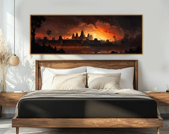 Angkor Wat Temple Canvas Print, Ancient Khmer Dramatic Painting, Framed and Ready to Hang