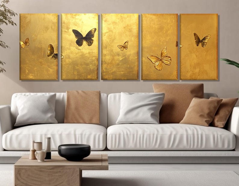Gold Butterflies Painting Canvas Print, Gold Wall Art, Luxury Wall Decor, Butterfly Wall Art, Gold Wall Decor, Framed and Ready to Hang image 4