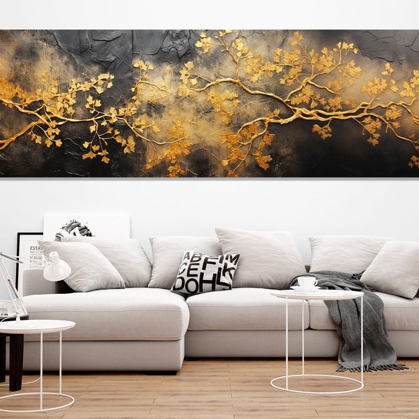 Grande branche d'arbre dorée abstraite sur fond noir, impression sur toile, art mural contemporain, décoration moderne, encadré et prêt à accrocher