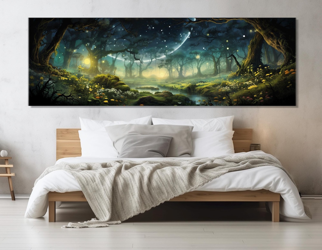 Fantasy Forest Painting Canvas Print, Fireflies in Forest Wall Art ...