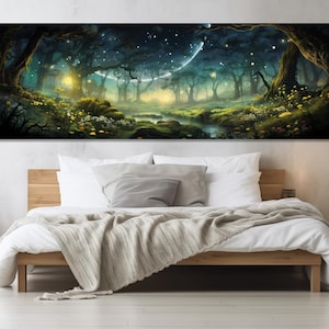 Fantasie Wald Malerei Leinwand, Glühwürmchen im Wald Wand Kunst, Märchen Malerei, Fantasy Natur Wand-Dekor, gerahmt und fertig zum Aufhängen