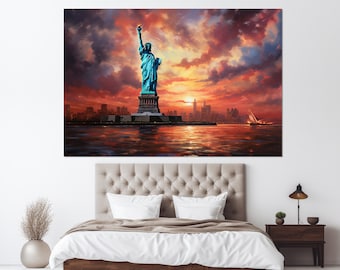 Abstract Statue of Liberty in Sunset Painting Canvas Print, New York Wall Art, Framed and Ready to Hang