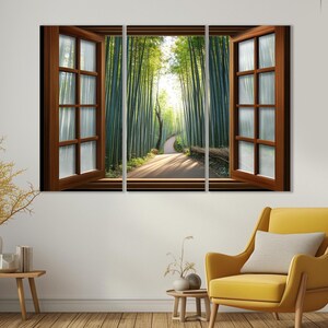 Open Window with Kyoto Bamboo Forest in Japan View Canvas Print, Bamboo Groove Window Painting, Framed and Ready to Hang image 7