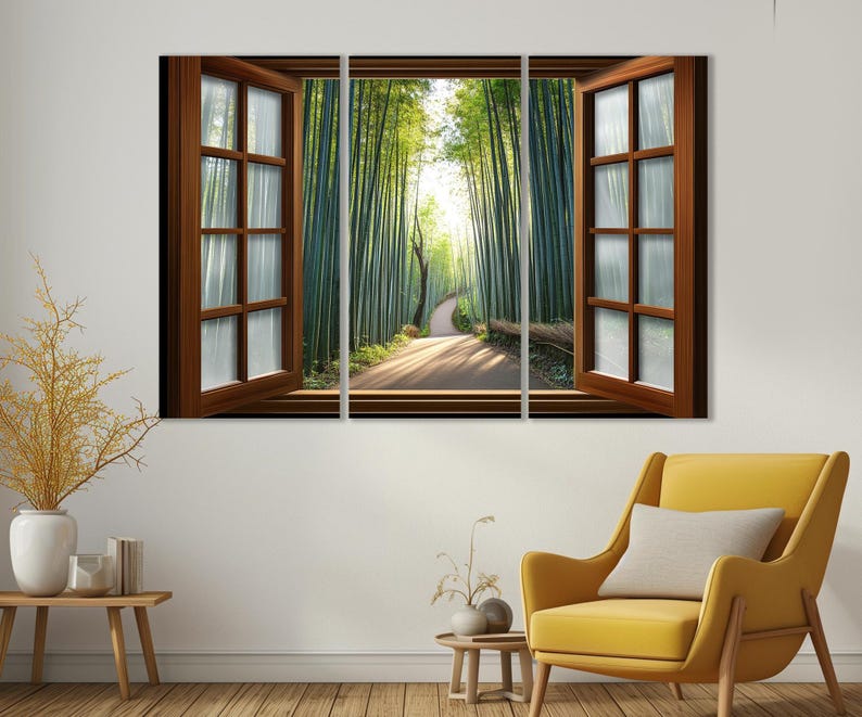 Open Window with Kyoto Bamboo Forest in Japan View Canvas Print, Bamboo Groove Window Painting, Framed and Ready to Hang image 7