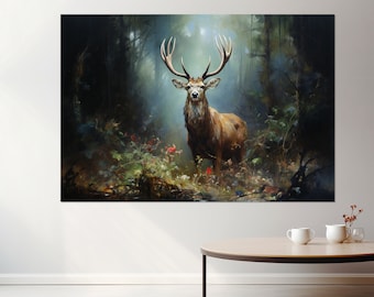 Deer in Forest Canvas Print, Deer Painting, Forest Animals Wall Art, Framed and Ready to Hang