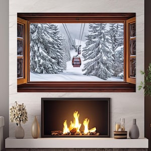 Open Window with Cable Car in Winter Forest View Painting Canvas Print, Faux Window Canvas Print, Ski Lift Window, Framed and Ready to Hang