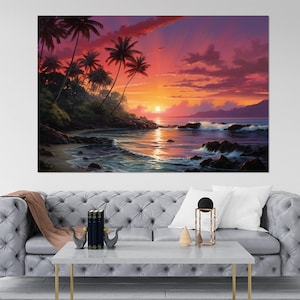 Maui Island Scenic Sunset Painting Canvas Print, Maui Beach Wall Art, Hawaii Colorful Coast Painting, Framed and Ready to Hang
