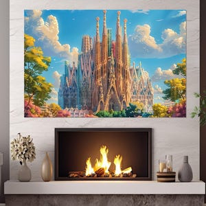 Barcelona Painting Canvas Print, Barcelona Wall Art, Spain Wall Art, Scenic La Sagrada Familia Canvas Print, Framed and Ready to Hang