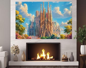 May include: A colorful painting of a large, ornate building with a blue sky and white clouds in the background. The building has many towers and spires, and it is surrounded by trees and flowers.