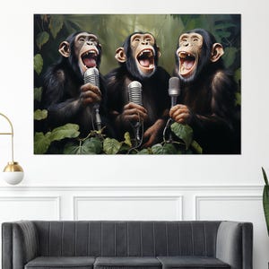 Singing Monkeys Canvas Print, Funny Music Wall Art, Monkeys with Microphones Poster, Funny Singer Gift, Framed and Ready to Hang