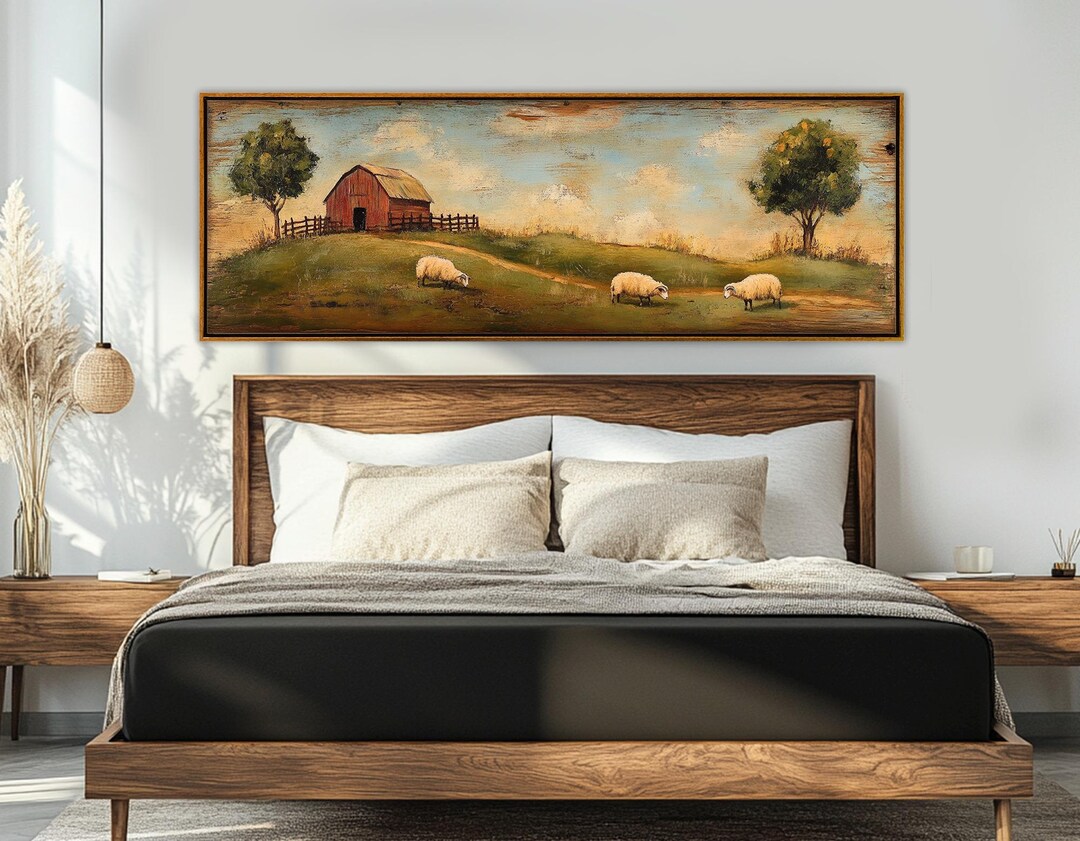 Sheep Grazing in a Meadow Print Canvas Print, Farmhouse Wall Art ...