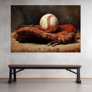 Baseball Glove and Ball Painting Canvas Print, Vintage Baseball Wall Art, Baseball Fan Gift, Baseball Wall Decor, Framed and Ready to Hang
