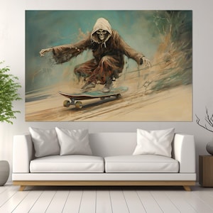 Death on a Skateboard Canvas Print, Abstract Skateboarding Wall Art, Vintage Skateboarding Poster, Framed and Ready to Hang