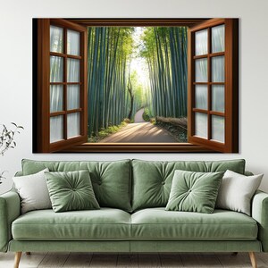 Open Window with Kyoto Bamboo Forest in Japan View Canvas Print, Bamboo Groove Window Painting, Framed and Ready to Hang image 5