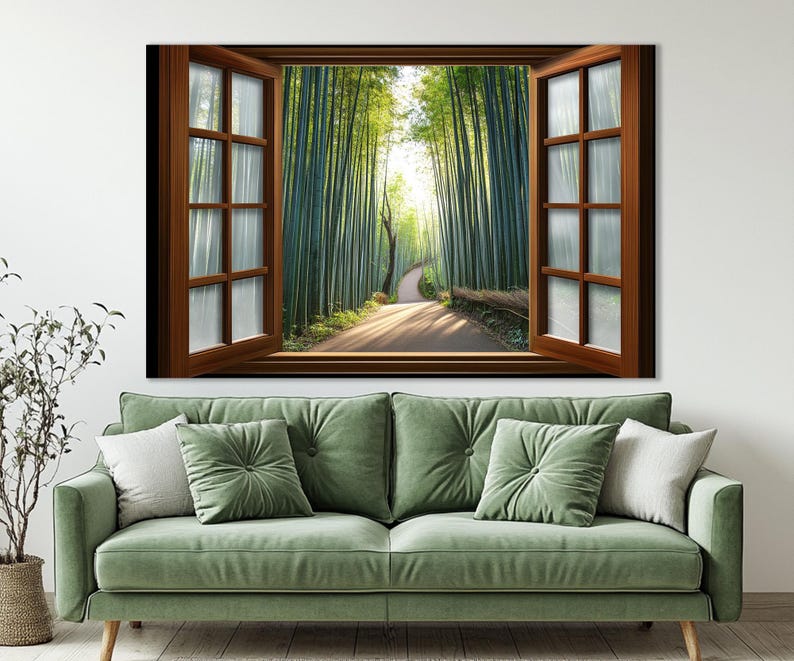 Open Window with Kyoto Bamboo Forest in Japan View Canvas Print, Bamboo Groove Window Painting, Framed and Ready to Hang image 5
