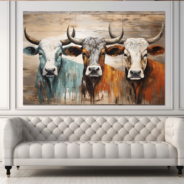 Abstract Cows Canvas Print, Cows Oil Painting, Modern Canvas Art, Farm Wall Decor, Framed and Ready to Hang
