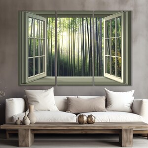 Open Window with Bamboo Forest View in Japan Canvas Print, Bamboo Trees Wall Art, Japan Window Painting, Framed and Ready to Hang image 3