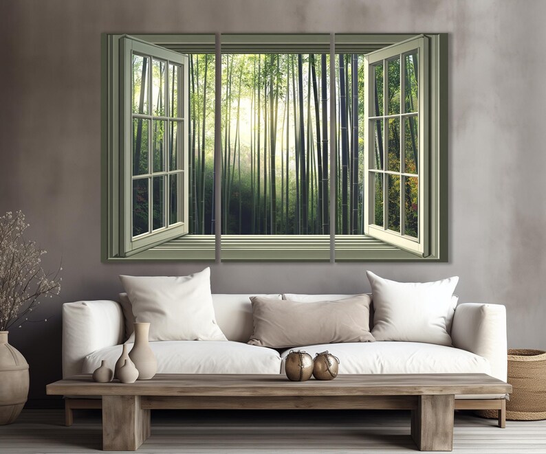 Open Window with Bamboo Forest View in Japan Canvas Print, Bamboo Trees Wall Art, Japan Window Painting, Framed and Ready to Hang image 3