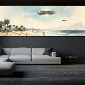 Alien Abduction Canvas Print, Flying Saucer on the Beach Poster, Alien Painting, UFO Wall Art, UFO Canvas Art, Framed & Ready to Hang