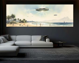 Alien Abduction Canvas Print, Flying Saucer on the Beach Poster, Alien Painting, UFO Wall Art, UFO Canvas Art, Framed & Ready to Hang