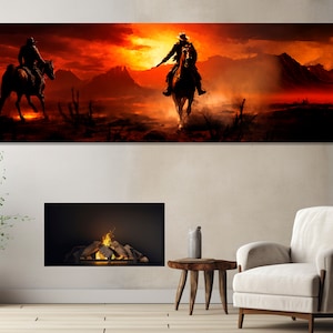 Cowboys in the Desert Abstract Painting Canvas Print, Large Wild West Print, Framed and Ready to Hang