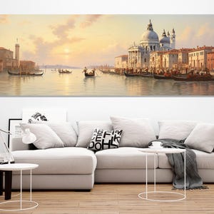 Gondoliers in the Grand Canal of Venice near Santa Maria della Salute Painting, Vintage Venice Canvas Print, Framed and Ready to Hang