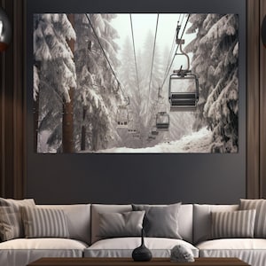 Großer Ski Lift Leinwand Druck, Malerische Ski Lift Wand Kunst, Winter Sesselbahn Druck, Winter Leinwand Wandkunst, Skifahrer Geschenk, gerahmt und fertig zum Aufhängen