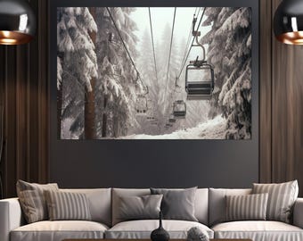 Lienzo grande con estampado de telesilla, arte mural panorámico de telesilla, lámina de teleférico de invierno, lienzo mural de invierno, regalo para esquiadores, enmarcado y listo para colgar.