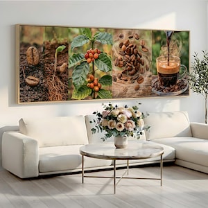 May include: A rectangular wall art print featuring five vertical panels depicting the coffee production process: coffee beans in soil, a sprouting seedling, a green coffee plant with red berries, roasted coffee beans, and a cup of coffee.