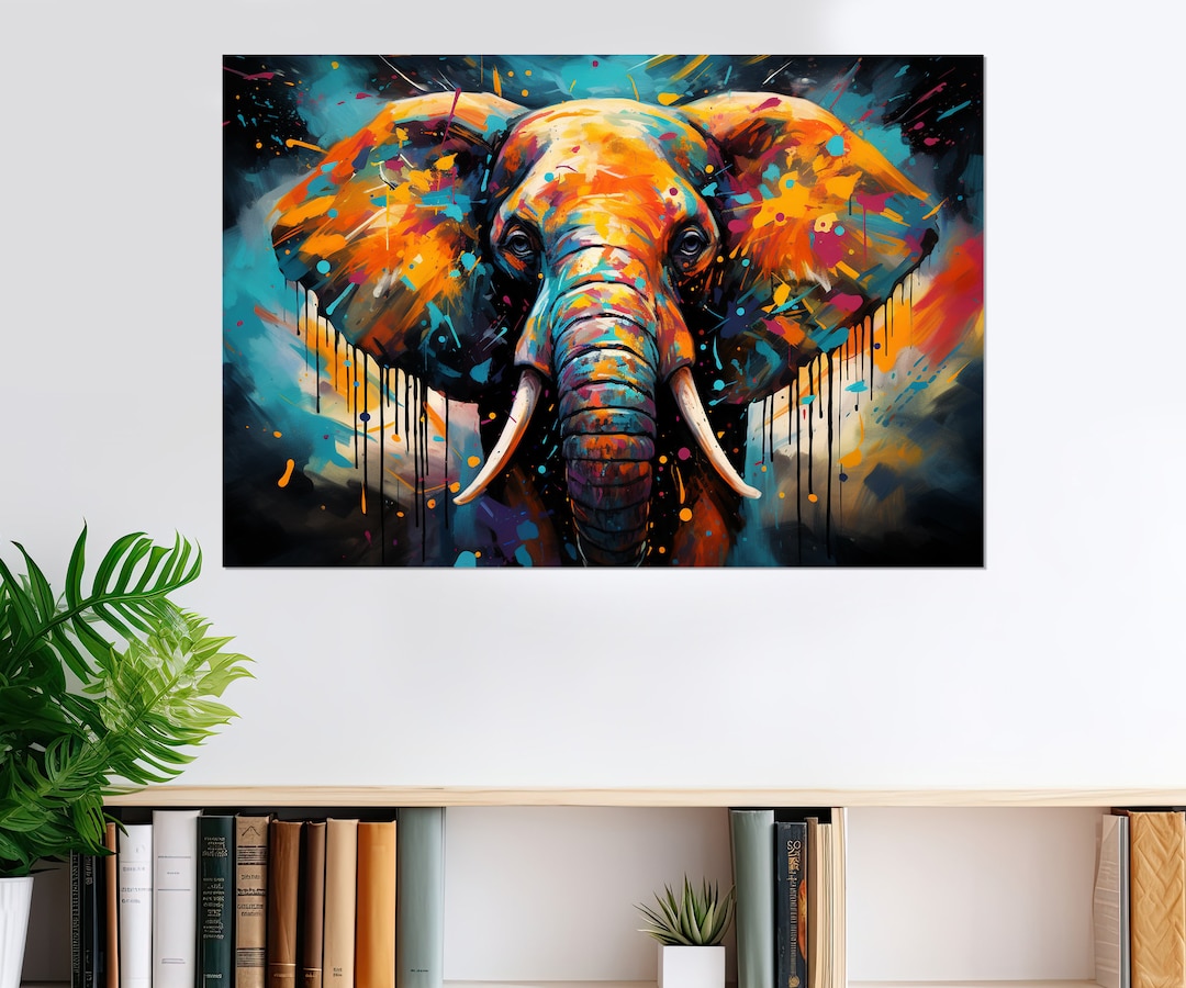 Large Abstract Elephant Painting Canvas Print, Colorful Elephant Wall
