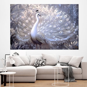 Wunderschöner weißer Pfau Malerei Leinwanddruck, Abstrakte Pfau Malerei, Zeitgenössisches Pfau Poster, gerahmt und fertig zum Aufhängen