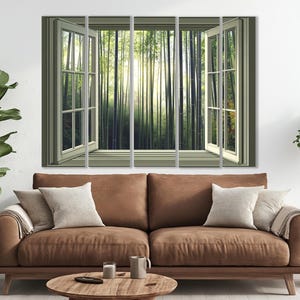 Open Window with Bamboo Forest View in Japan Canvas Print, Bamboo Trees Wall Art, Japan Window Painting, Framed and Ready to Hang image 5