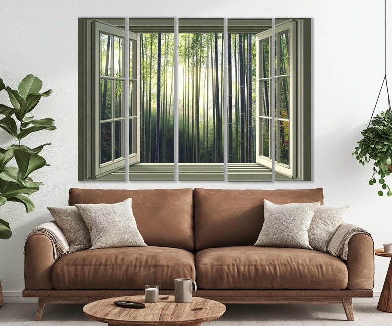 Open Window with Bamboo Forest View in Japan Canvas Print, Bamboo Trees Wall Art, Japan Window Painting, Framed and Ready to Hang image 5