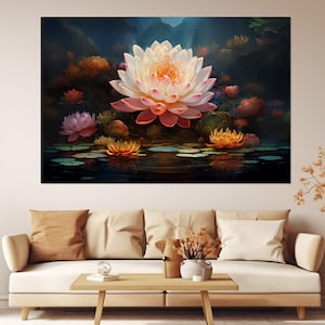 Stampa su tela con fiore di loto, decorazione murale floreale, arte murale floreale, dipinto di fiore di loto, arte su tela buddista, incorniciata e pronta da appendere
