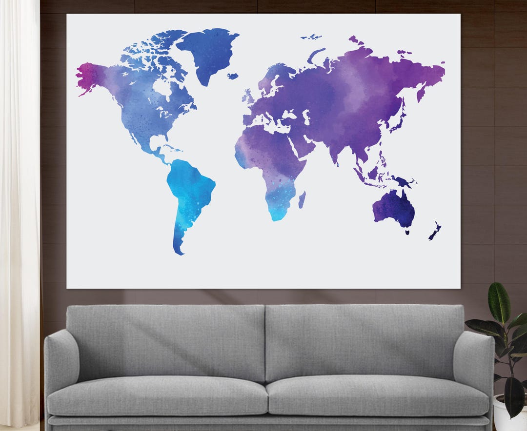 Abstract Watercolor World Map Wall Art, Purple Tones World Map Canvas ...