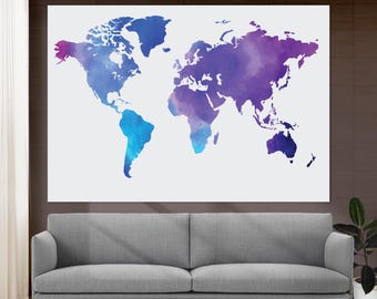 Mapa del mundo abstracto en acuarela, lienzo con estampado de mapa del mundo en tonos morados, mapa del mundo colorido, arte de pared de viaje, enmarcado y listo para colgar.