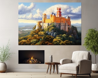 Pena Palace in Sintra, Portugal Canvas Print, Portugal Wall Art, Pena Palace Painting, Pena Palace Canvas Art, Framed and Ready to Hang