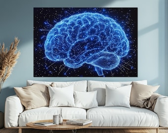 Electric Blue Human Brain Canvas Print, Abstract Brain Wall Art, Psychologist Gift, Psychologist Decor, Brain Poster, Framed & Ready to Hang