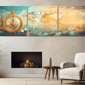 Reizen muurkunst, nautische canvaskunst, abstracte wereldkaart schilderij canvas print, zeilkunst aan de muur, matroos cadeau, ingelijst en klaar om op te hangen