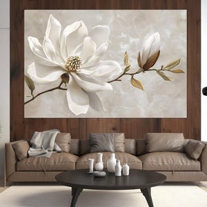 Magnolienblume Leinwanddruck, Sanfte Farben Blumen Wandkunst, Neutrale Farben Magnolie Poster, Magnolie Malerei, gerahmt und fertig zum Aufhängen