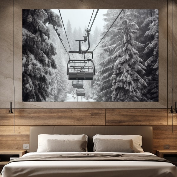 Impresión panorámica de lienzo de remonte, cartel grande de remonte, lienzo de teleférico de invierno, arte de pared de invierno, regalo de esquiador, enmarcado y listo para colgar
